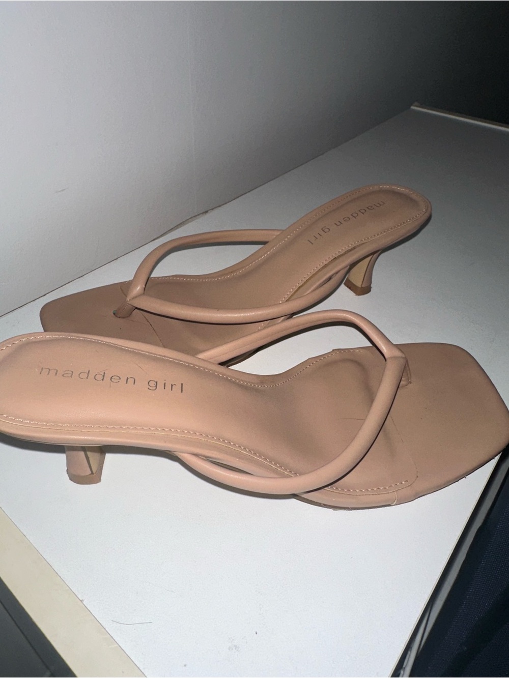 Madden Girl Nude Square-Toe Kitten Heel Thong Sandals